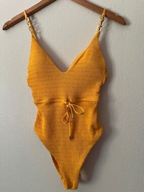 Trina Turk Golden Yellow Textured One-Piece with Chain Details. Size 6